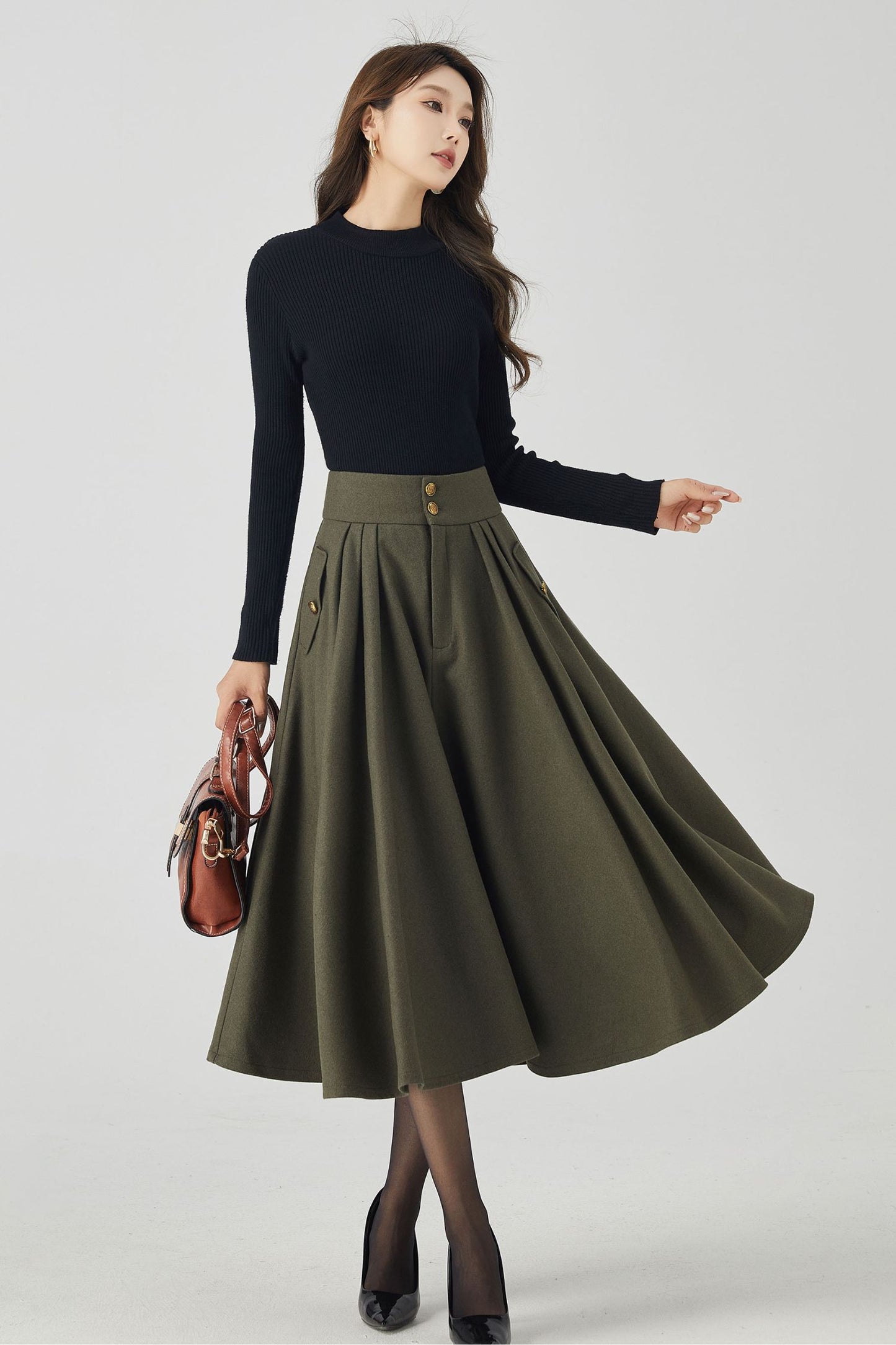 Army green swing winter wool skirt 4530