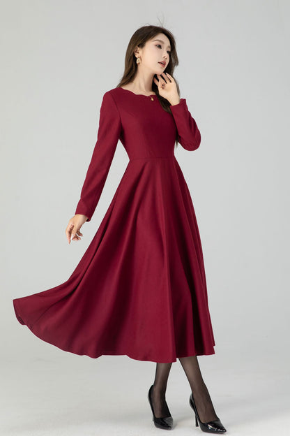 Burgundy Wool Midi Dress - Fit and Flare with Wave Neckline 4546