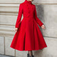 Red Fit and Flare Wool Long Winter Coat Women 1846#