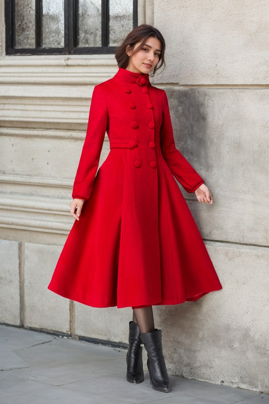 Red Fit and Flare Wool Long Winter Coat Women 1846#