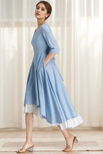 Blue Linen High-Low Swing Dress – Vintage Chiffon Ruffle Hem Midi 6628