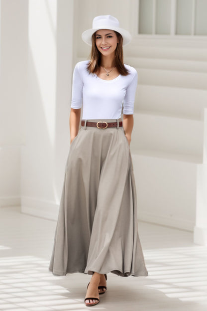 Khaki Cotton Linen Maxi Skirt – Vintage High Waist Long Skirt with Pockets 2783