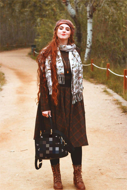 Brown Plaid Wool Midi Dress - Fit and Flare Silhouette 4740