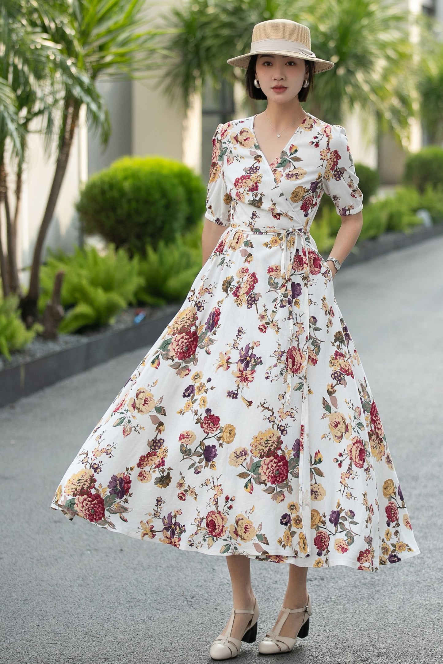 Floral Linen Cotton Wrap Midi Dress – Vintage V-Neck Summer Dress 6667