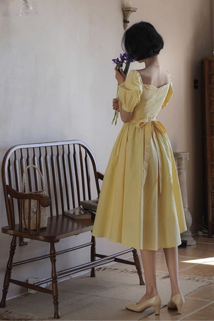 Yellow Linen Midi Dress - Puff Sleeve, Fitted Waist 4840