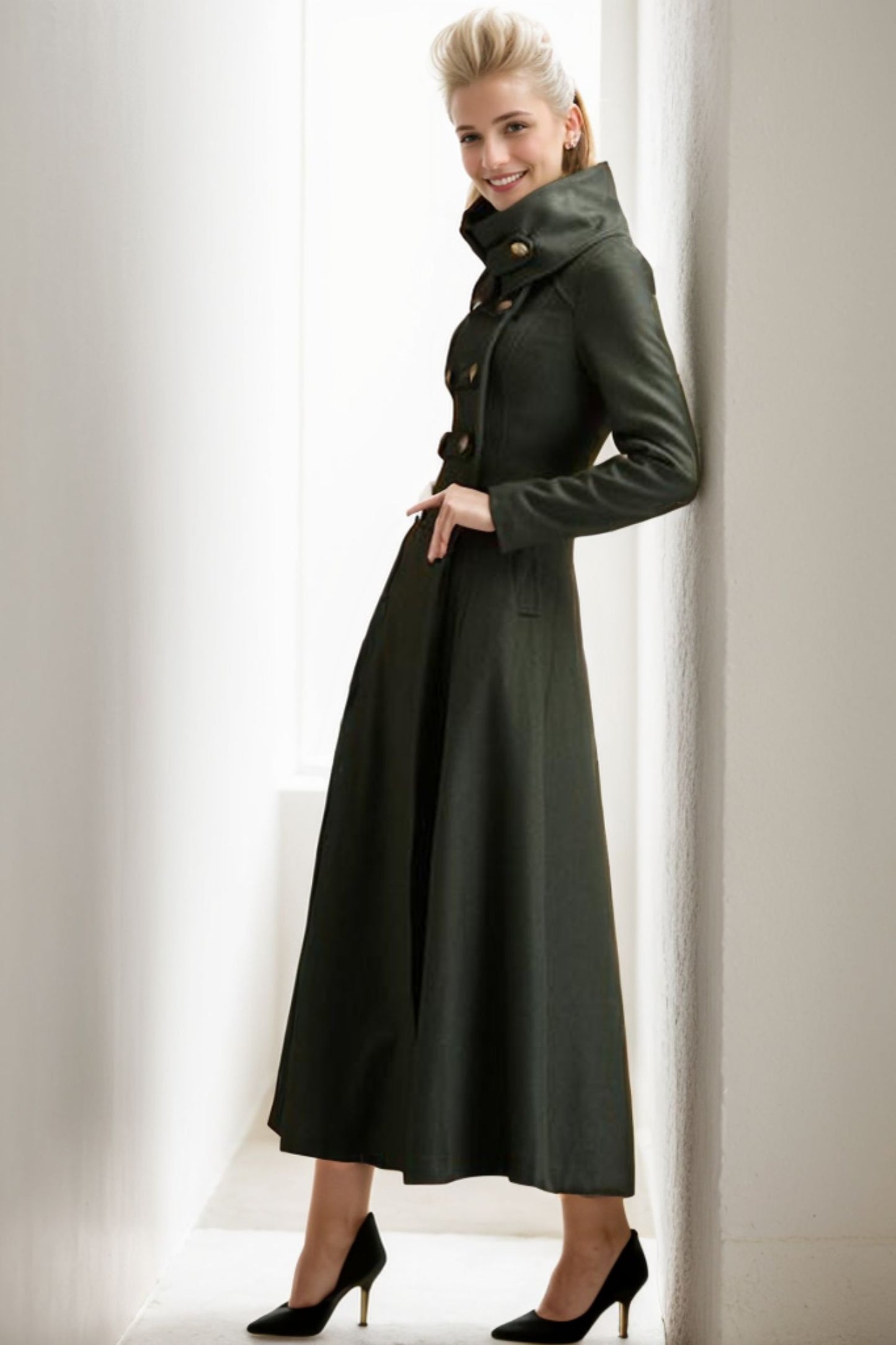 Army green military long wool coat 5218