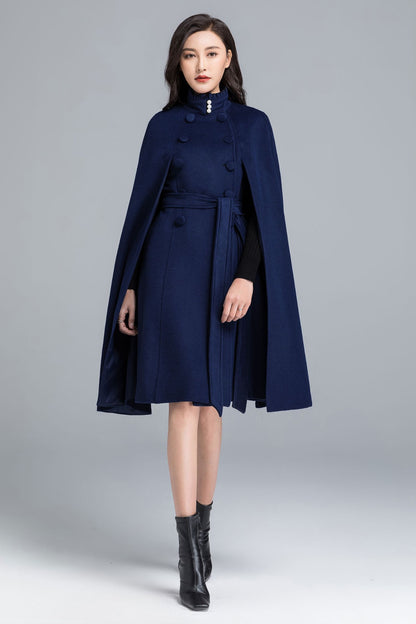 Blue Wool Cape Coat – Women’s Elegant Stand Collar Winter Cloak 2487