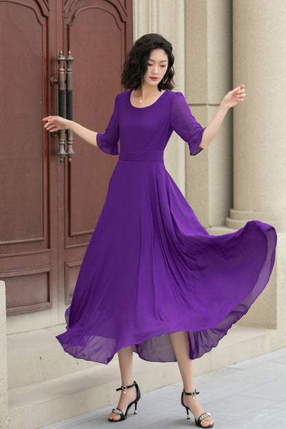 Purple Chiffon Maxi Dress - A-Line Silhouette with Flared Sleeves 5116