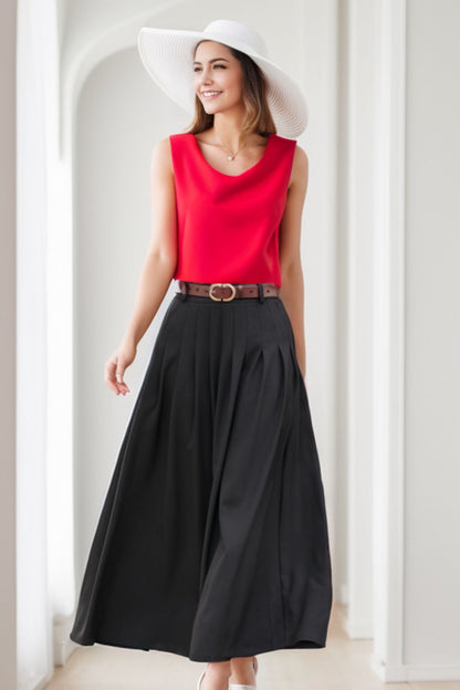 Women Black Pleated Linen Maxi Skirt with Pockets  2777