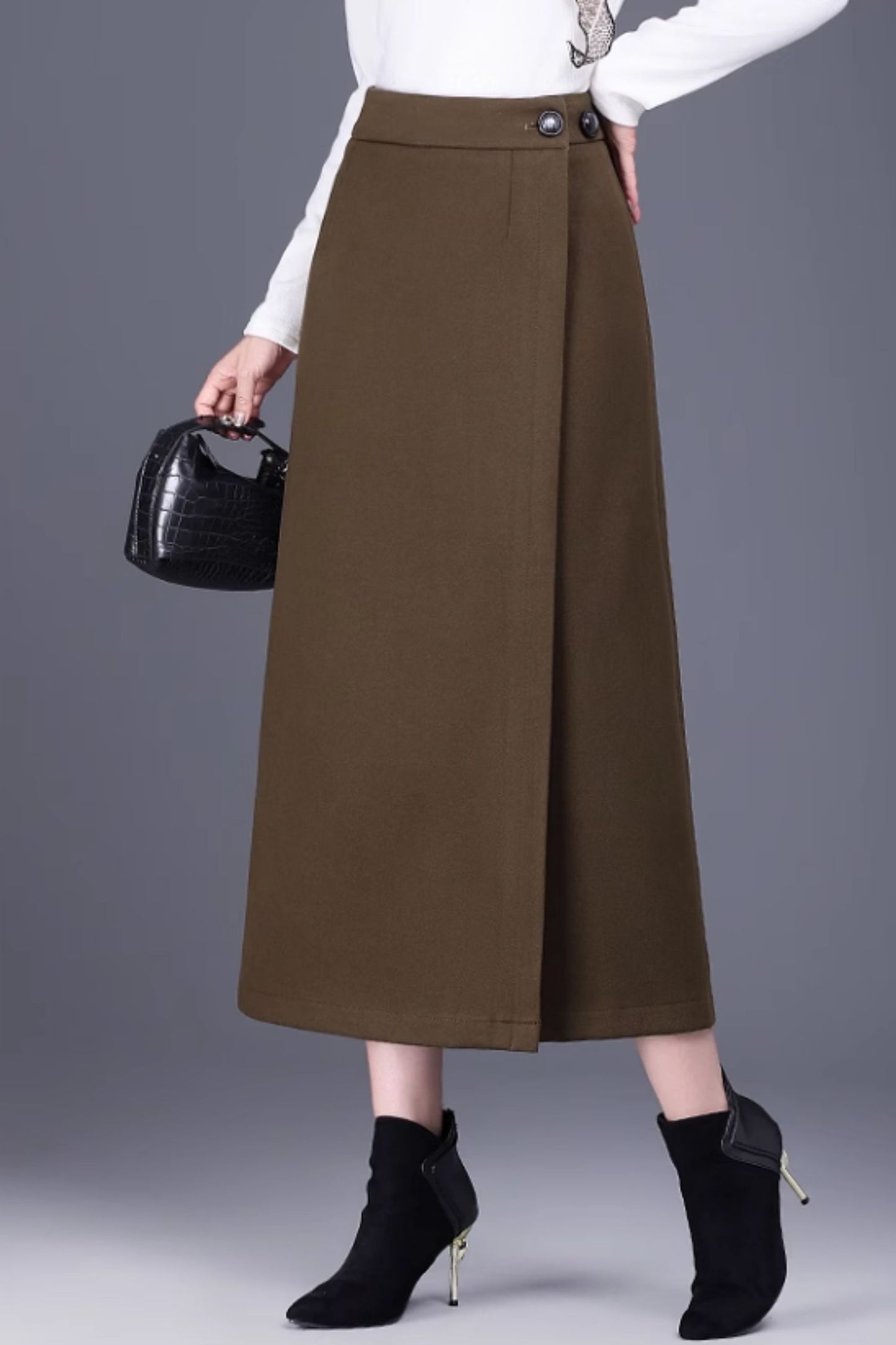 Brown Wool Wrap Midi Skirt - Adjustable Fit, Winter Warmth 6139