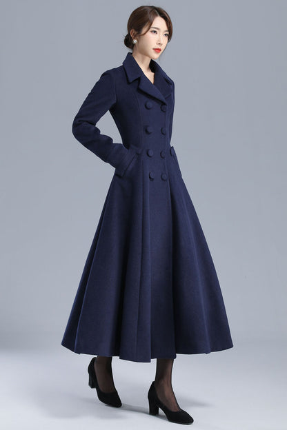 Navy Blue Wool Coat – Elegant Double-Breasted Fit and Flare Long Winter Overcoat 3208