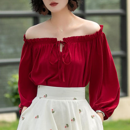 Red Linen Cotton Off-Shoulder Blouse - Ruffled Neckline, Lantern Sleeves 6058