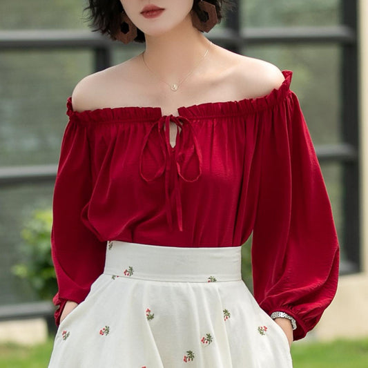 Women Off Shoulder long-sleeved spring summer Blouse 6058
