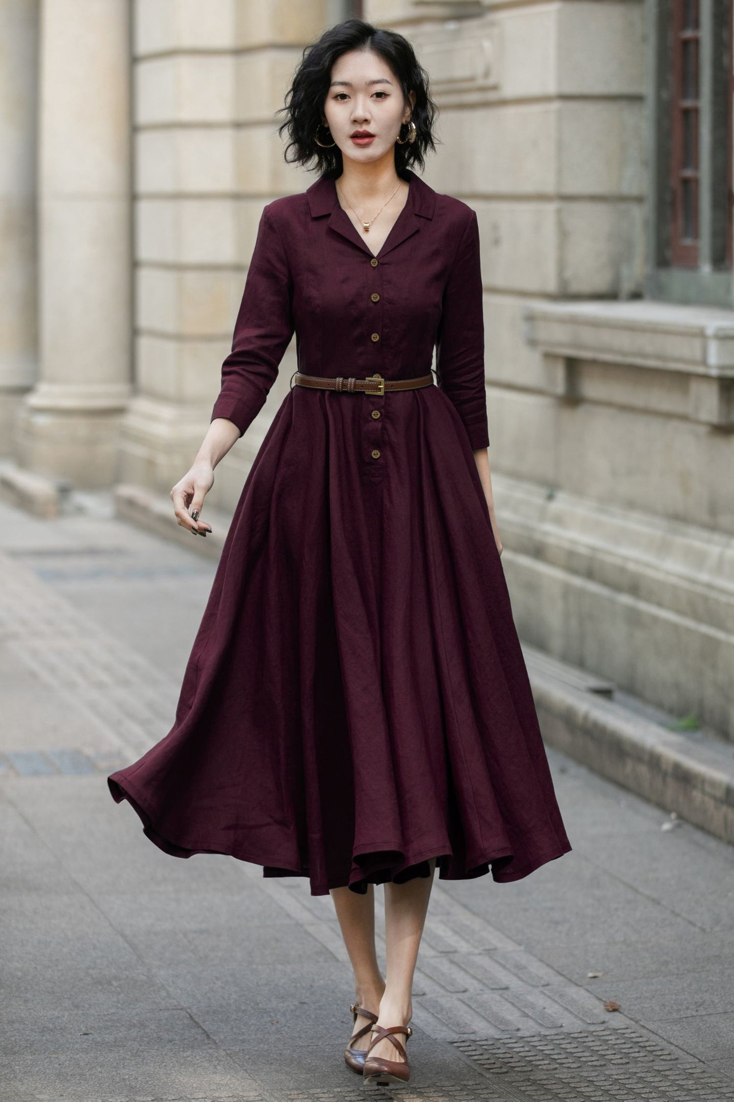 Burgundy Linen Shirt Dress for Women, Xiaolizi Belted A-Line Dress 6707