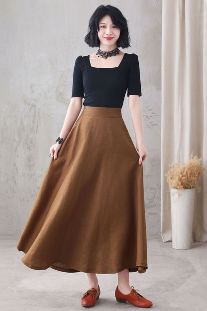 Brown Linen Maxi Skirt - High Waist A-Line with Pockets 3286
