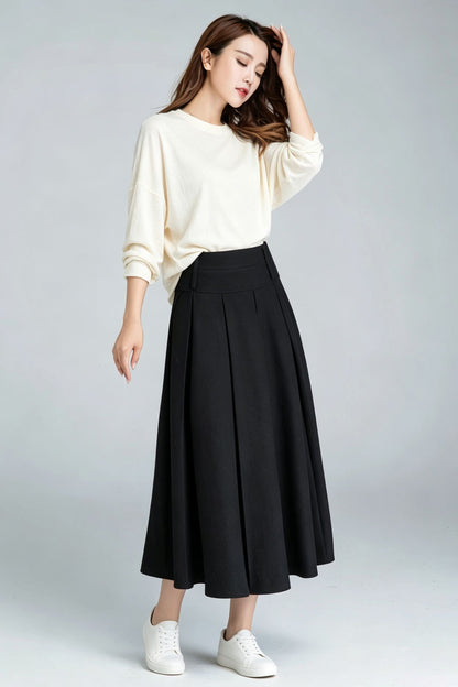 Black Wool Pleated Midi Skirt-High Waist A-Line Long Skirt for Women 7011