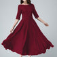 Handmade Red Linen Cotton Midi Dress – Elegant Occasion Fit & Flare with Pockets 6632