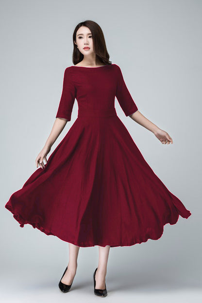Burgundy Linen Midi Dress – Handmade Fit & Flare Elegant Day to Evening Dress | Xiaolizi 6632