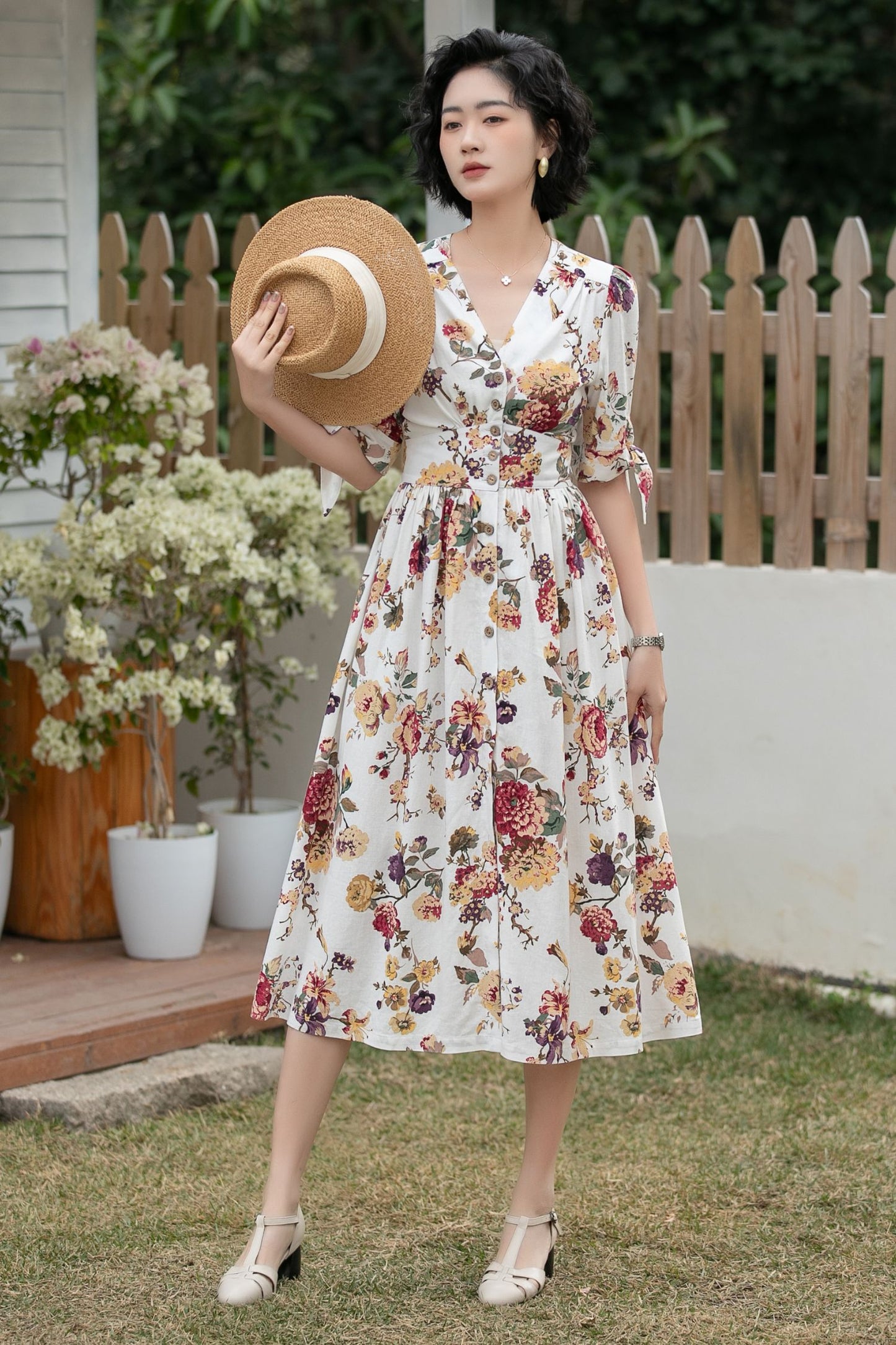 Xiaolizi Floral Linen Midi Dress – Vintage V Neck A-Line 6699