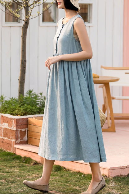 A line loose fitting light blue linen dress 2804 -Size XS #yy01678