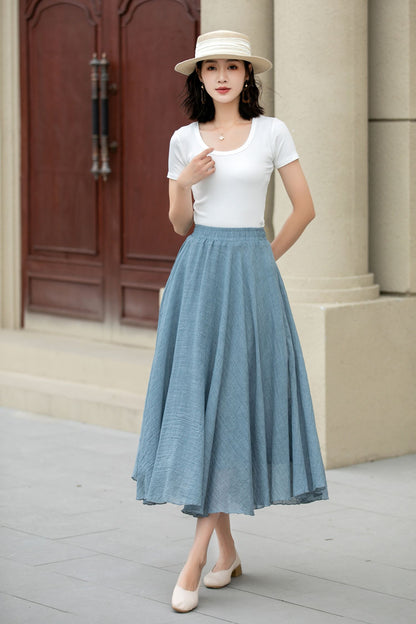 Blue Linen Cotton Midi Skirt - A-Line Swing | Xiaolizi 5150
