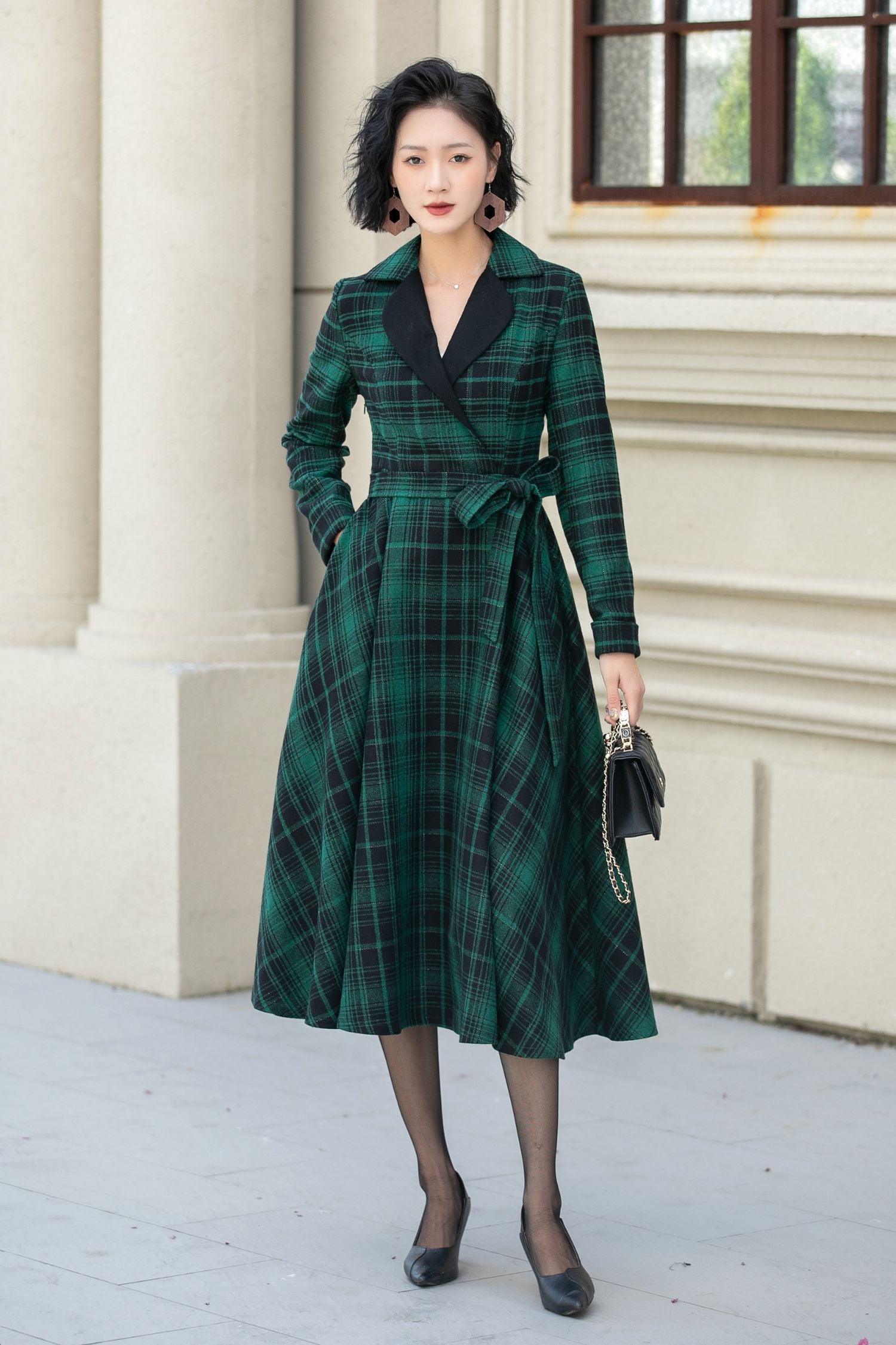 Green Plaid Wool Swing Dress Vintage Belted Midi Dress 5343 Green / XL Green Plaid Wool Swing Dress Vintage Belted Midi Dress 5343 Green / XL