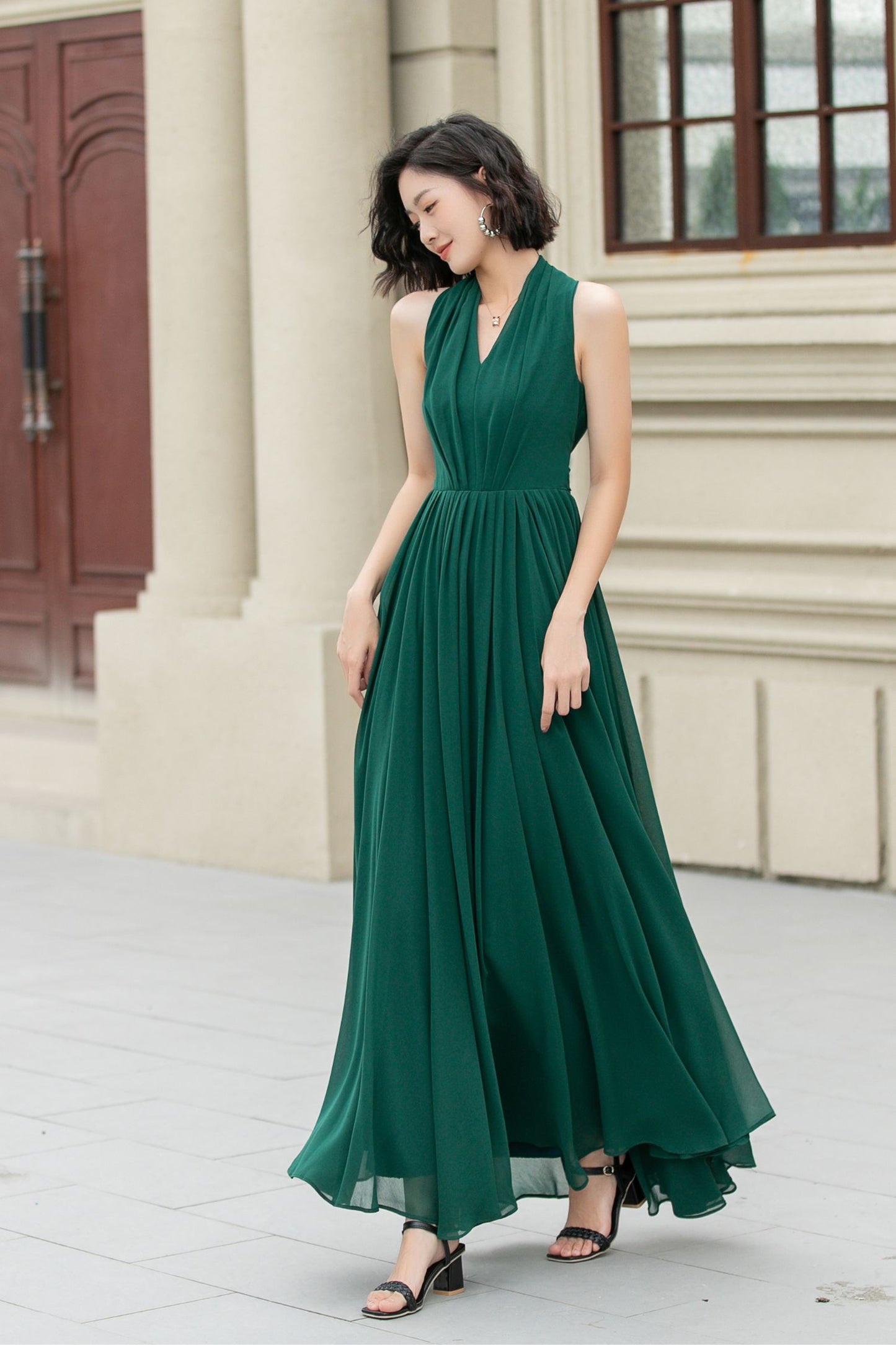 Green maxi halter chiffon party dress 5175