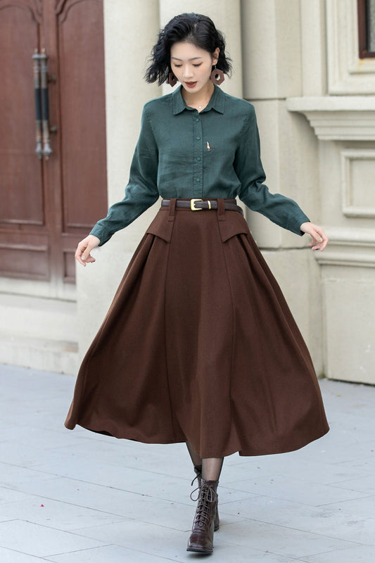 A line brown midi wool skirt women 5356