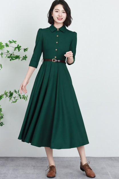 Green Linen A-Line Dress - Button Front, Relaxed Fit 5735