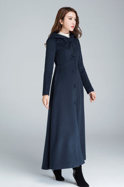 Handmade Blue Wool Coat – Vintage Inspired Hooded Maxi Overcoat 1637