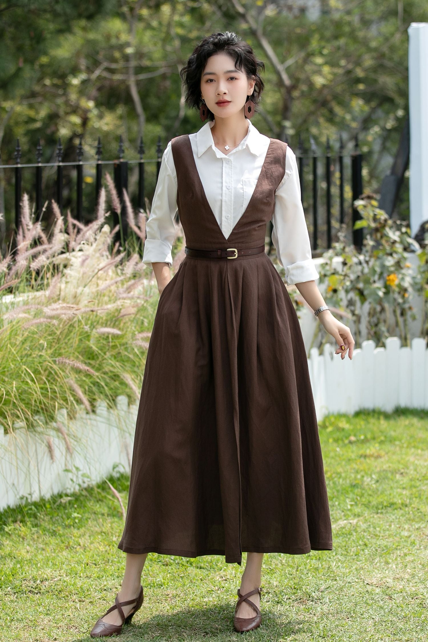 Brown Linen Cotton Pinafore Dress - Deep V Neck | Xiaolizi