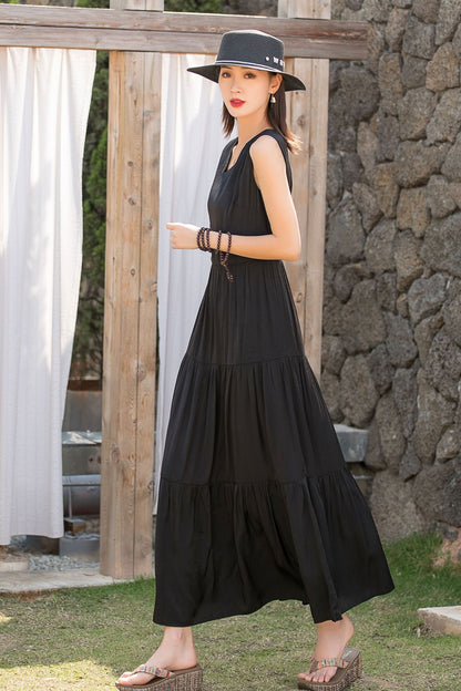 Black Linen Maxi Dress - Sleeveless Tiered Flowy Silhouette 2837