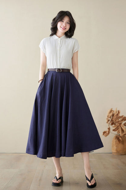 A line navy blue swing midi linen skirt 4971 -Size XS #CK2400195