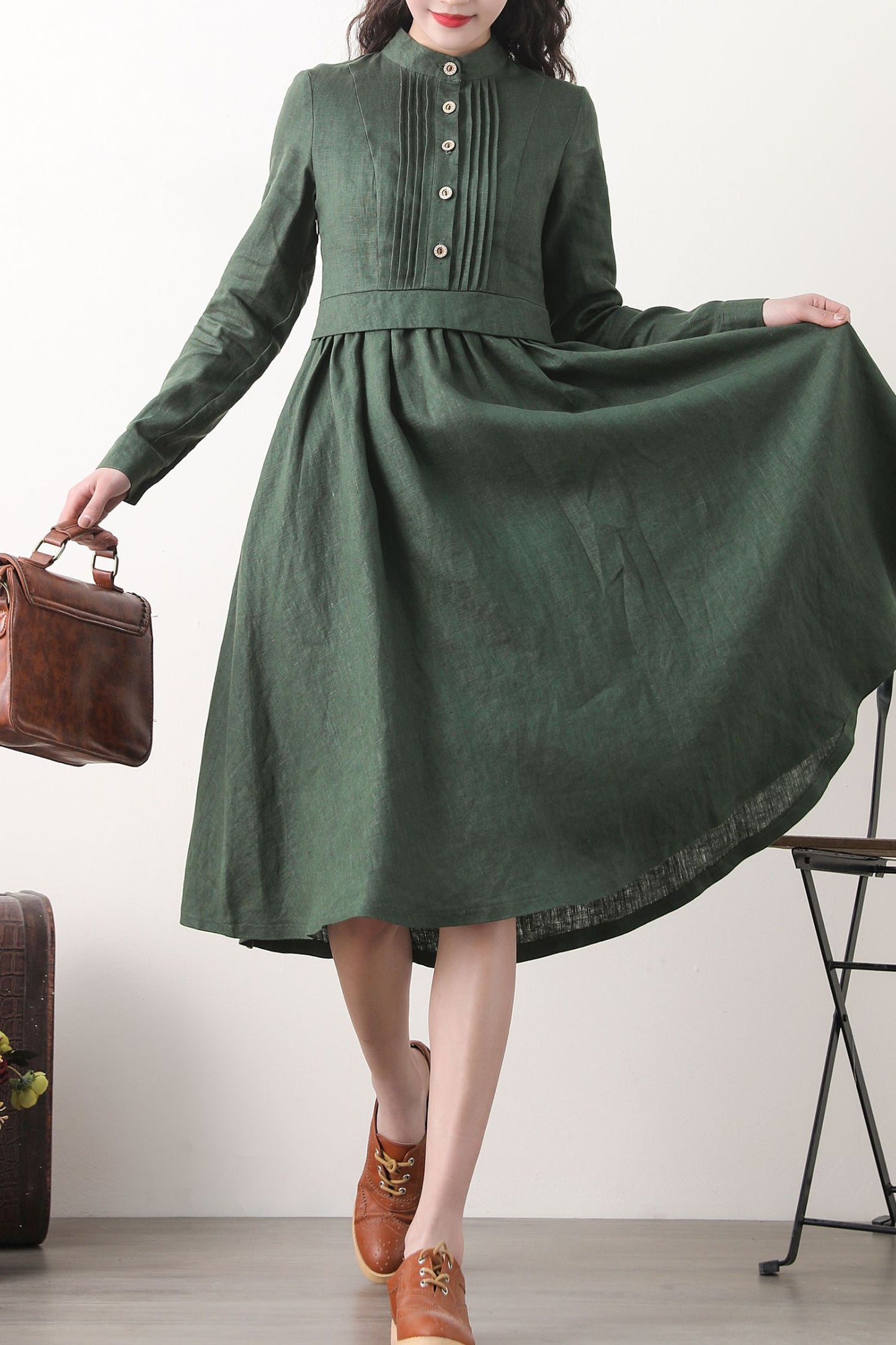 Midi green linen swing spring dresses 2576