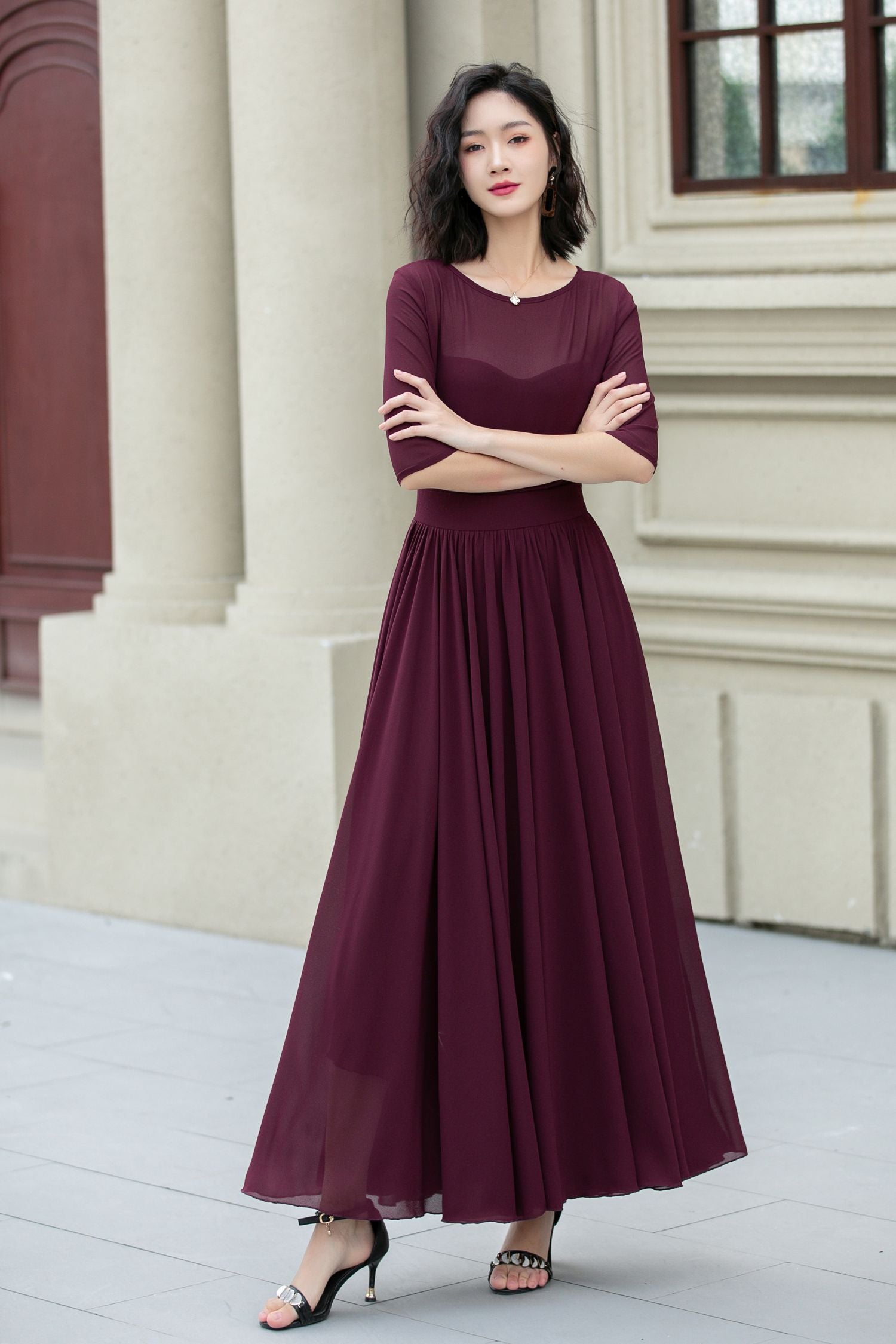 Burgundy Chiffon Fit & Flare Maxi Dress | Boat Neck Prom Xiaolizi Burgundy Chiffon Fit & Flare Maxi Dress | Boat Neck Prom Xiaolizi