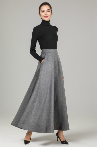 Vintage Inspired Grey Wool Maxi Skirt with Pockets – 1950s Retro A-Line Winter Skirt 2437