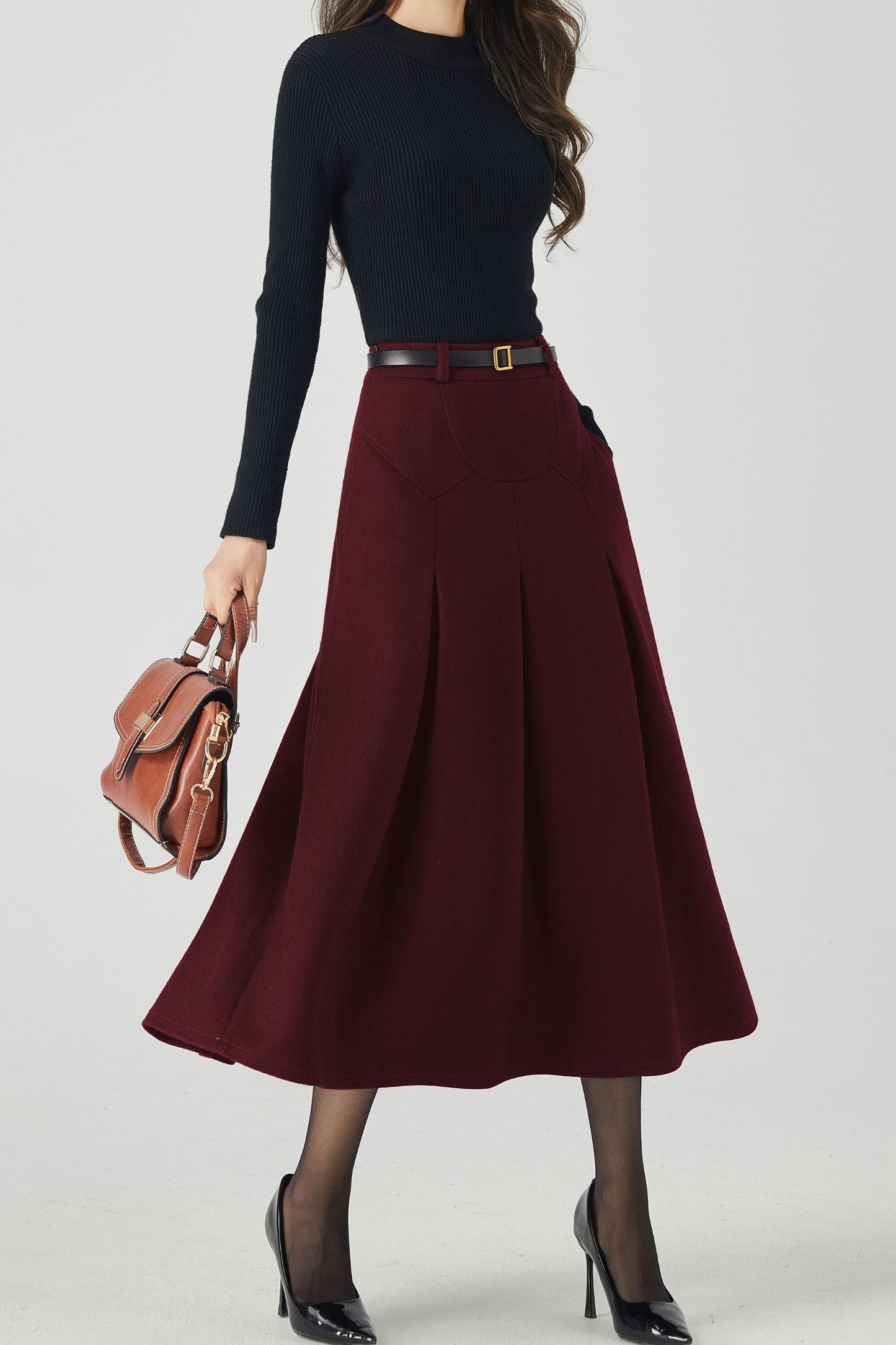 Burgundy Wool Midi Skirt – Vintage High Waist A-Line Winter Skirt with Pockets 6332