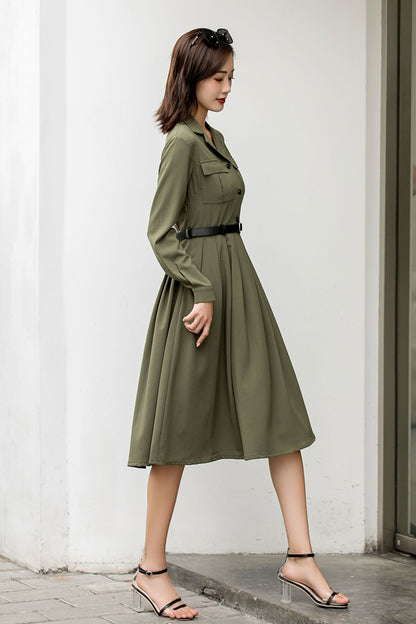 Green Polyester Shirt Dress - Long Sleeve Midi | Xiaolizi 2846