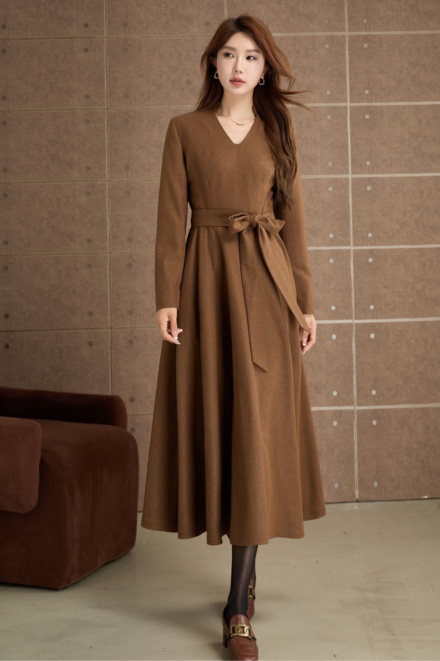 Brown Wool Fit and Flare Midi Dress with Belt