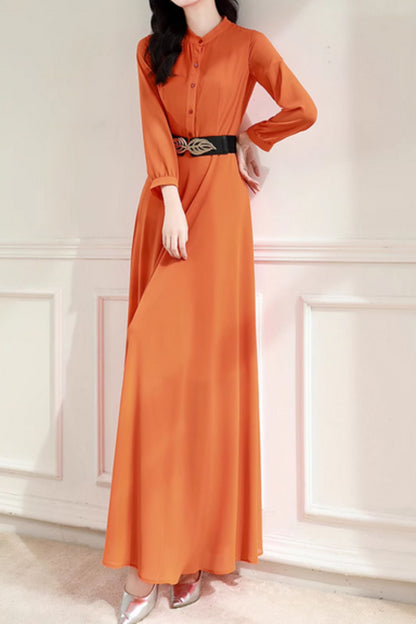 Orange Chiffon Maxi Dress - Long Sleeve Belted Formal | Xiaolizi 5071