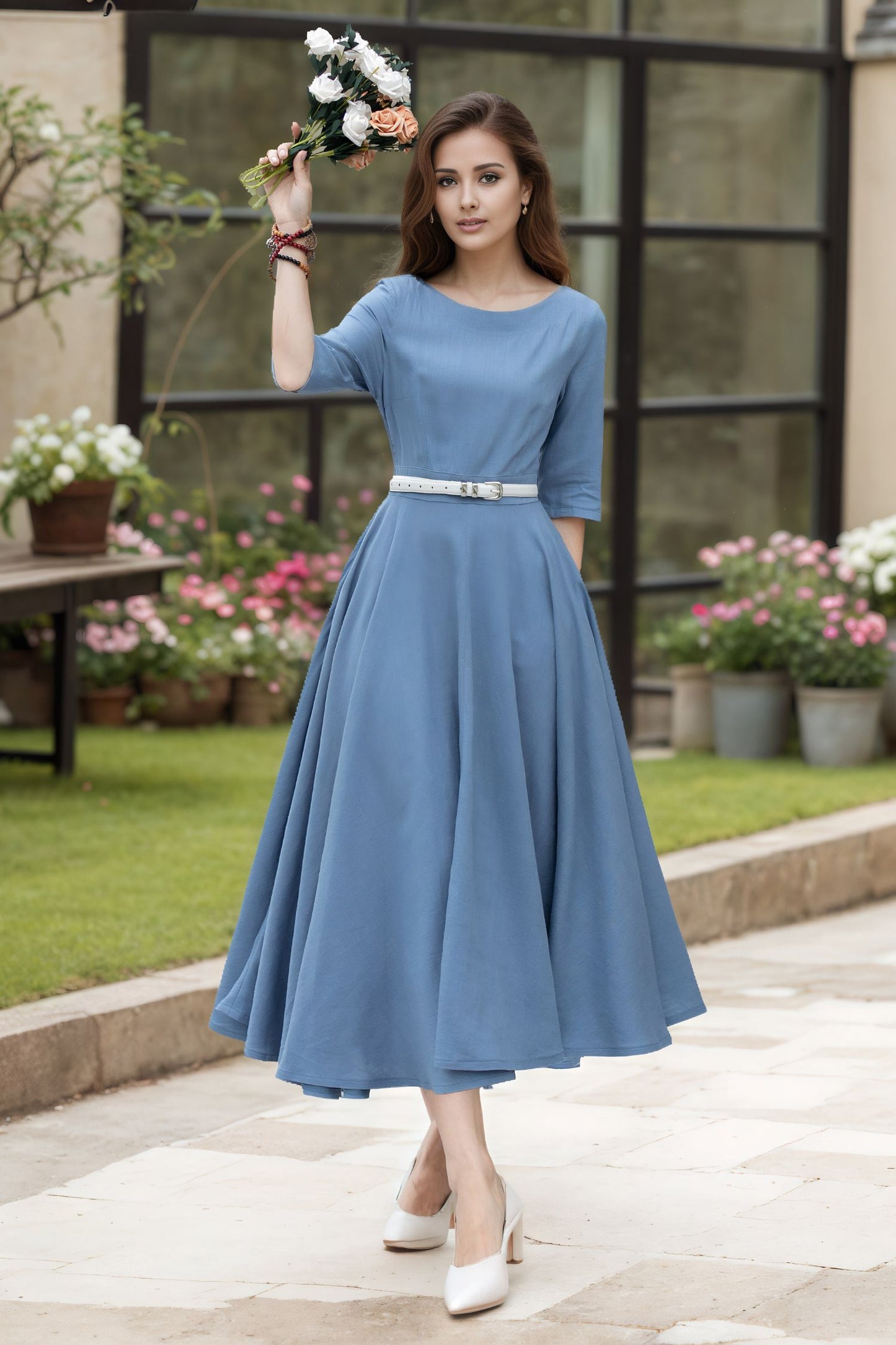 Light Blue Linen Midi Dress – Handmade Fit & Flare Garden Party Dress with Pockets | Xiaolizi 6734