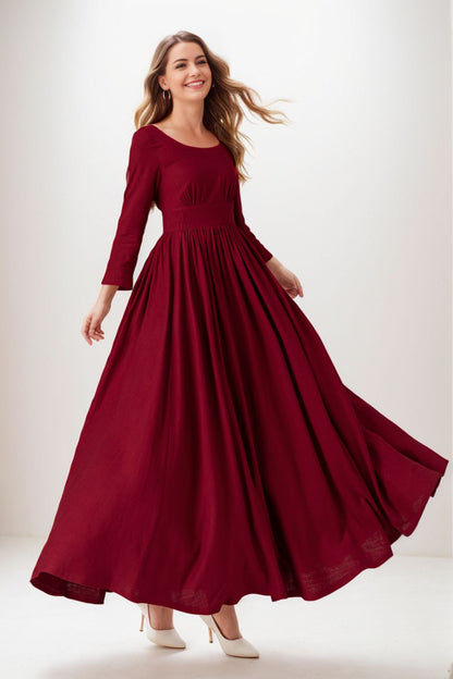 Red Linen Blend Midi Dress - High Waist Pleated Fit & Flare 5123