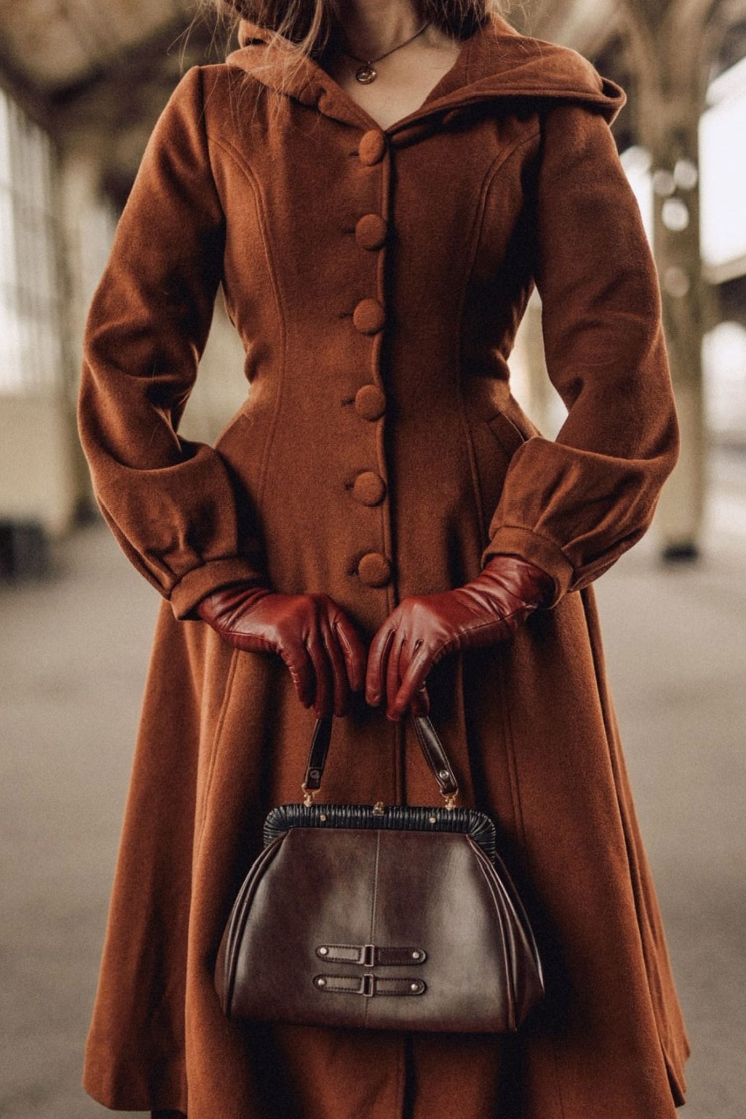 Hooded Wool Coat Vintage Brown Swing Overcoat With Belt 3255 Xiaolizi hooded-wool-coat-vintage-brown-swing-overcoat-with-belt-3255-xiaolizi
