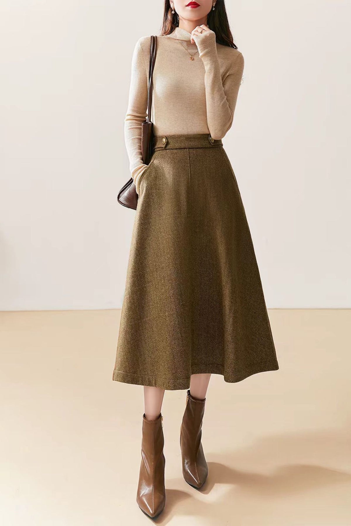Khaki Midi Wool Blend Midi Skirt - Women A-Line Skirt Winter 7023