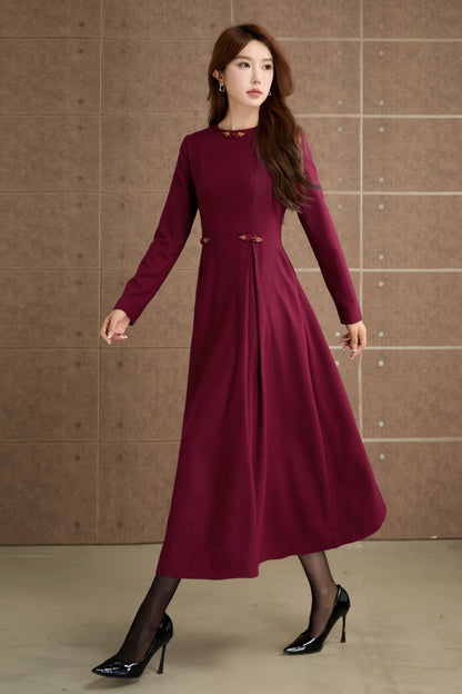Burgundy Wool Midi Dress - Long Sleeves, Fit and Flare Silhouette 5358
