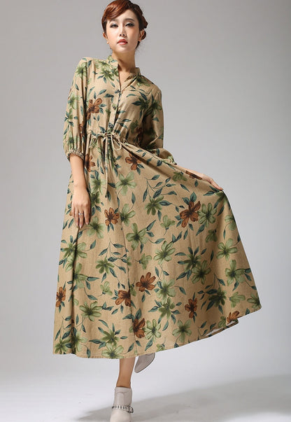 Handmade Floral Linen Shirt Dress – Vintage Drawstring Maxi Dress | Xiaolizi 696