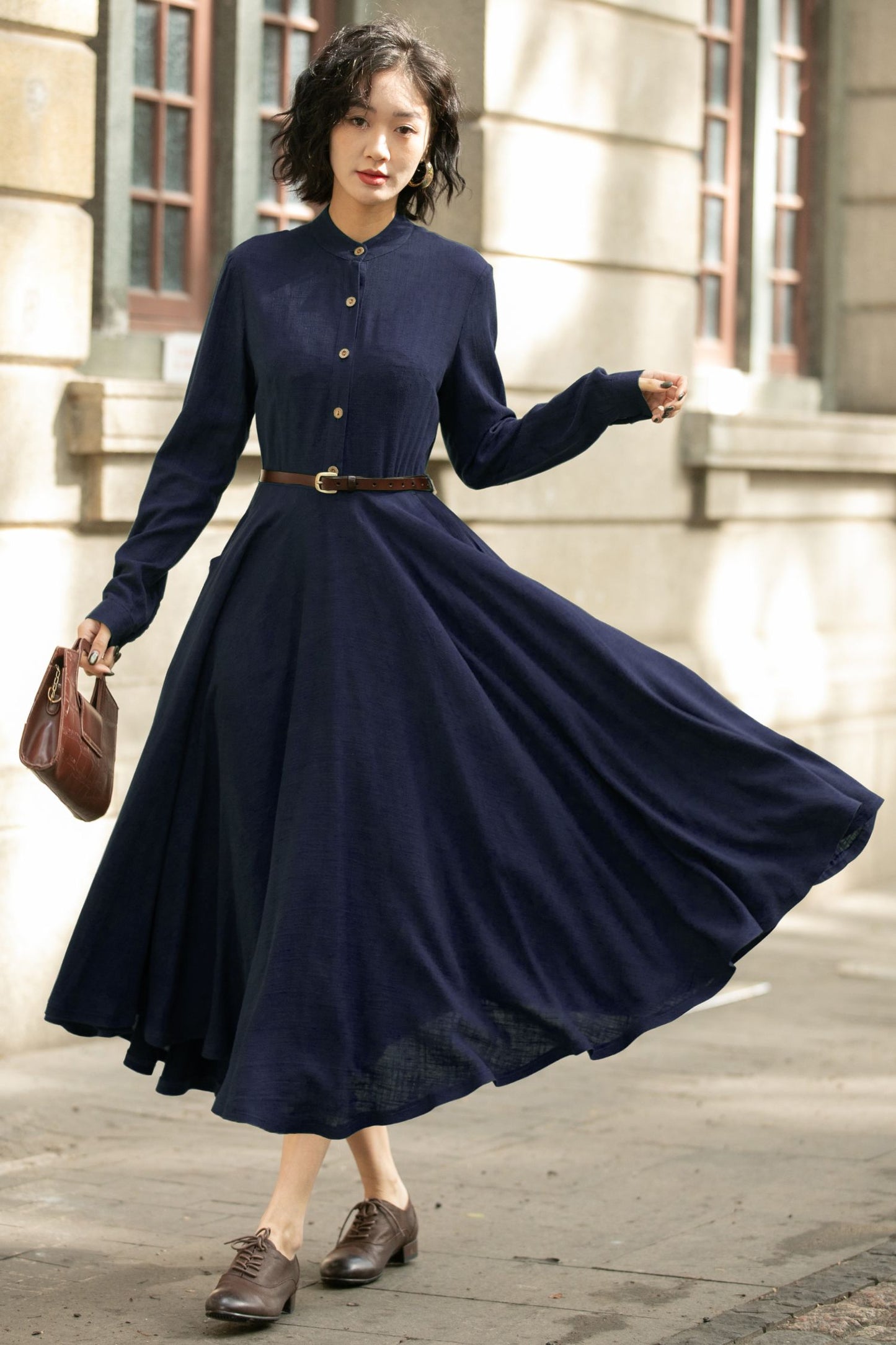 Navy Linen Midi Dress – Handmade Vintage A-Line Long Sleeve Button Dress 6671
