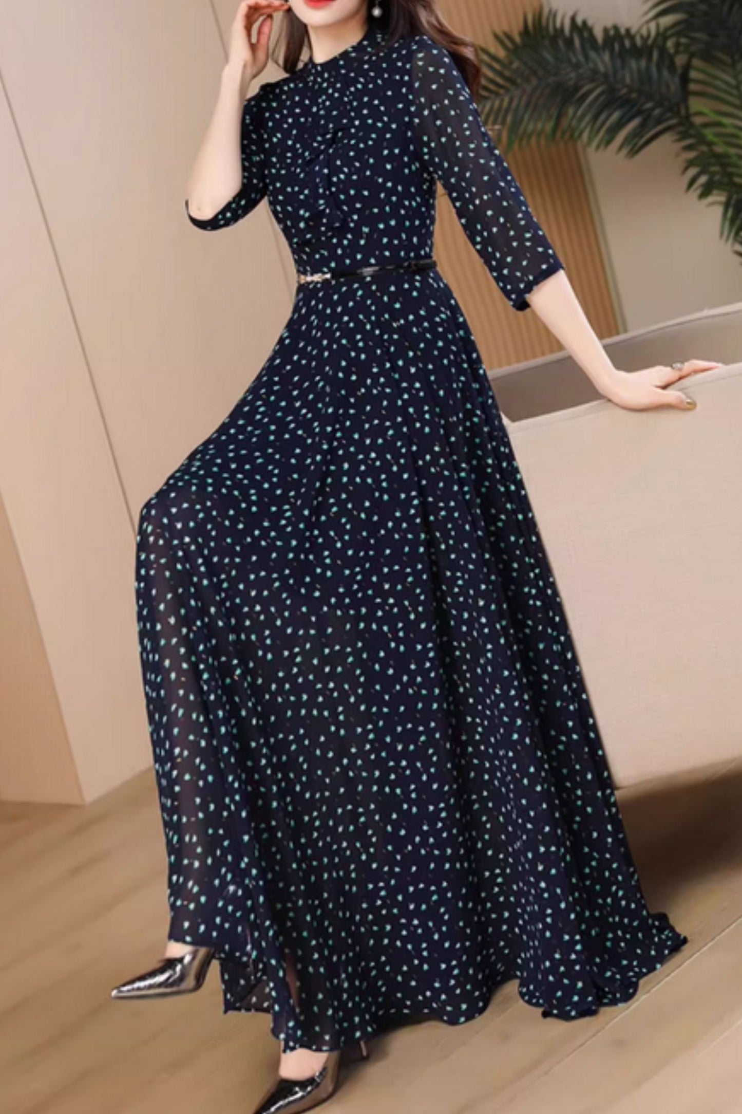 Maxi polka dot swing summer chiffon dress 5060