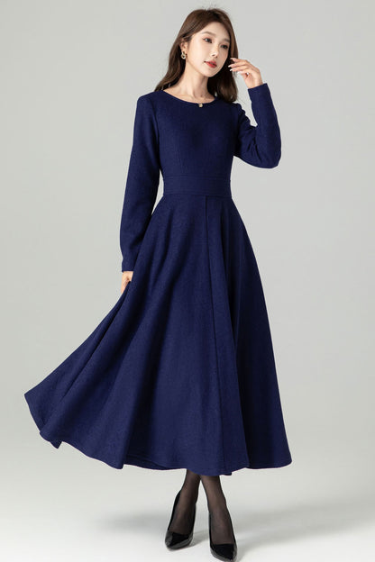 Navy Blue Wool Blend Midi Dress – Handmade Fit & Flare Winter Elegance 4493