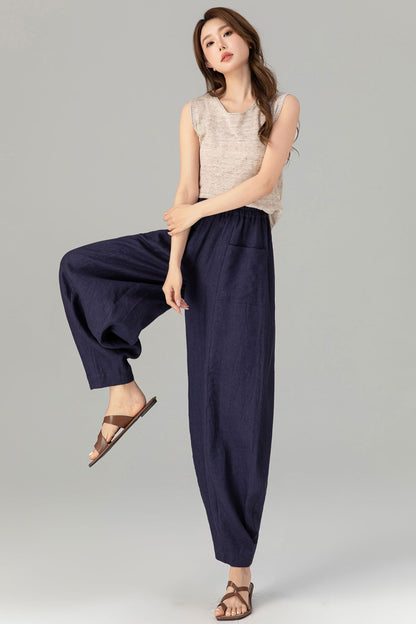 Navy Linen Cotton Wide Leg Pants - Lantern Silhouette with Pockets 4907
